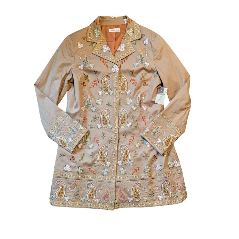Coldwater Creek Jacket Womens 12 Tan Paisley Floral Embroidered Riding Coat NWT